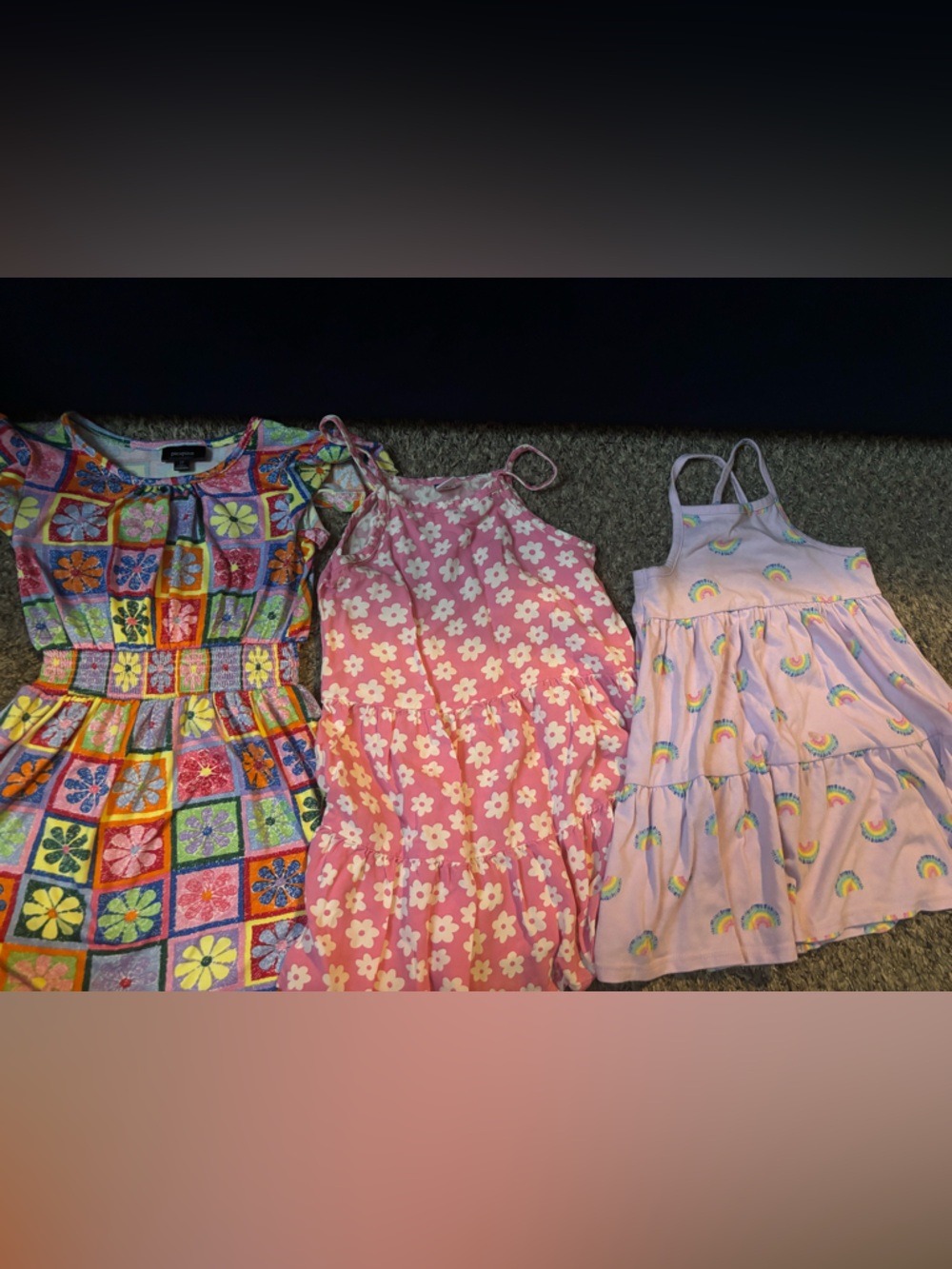 Colorful Floral Patchwork Dress & Two Pink Daisy/Rainbow Dresses - Multi & Pink